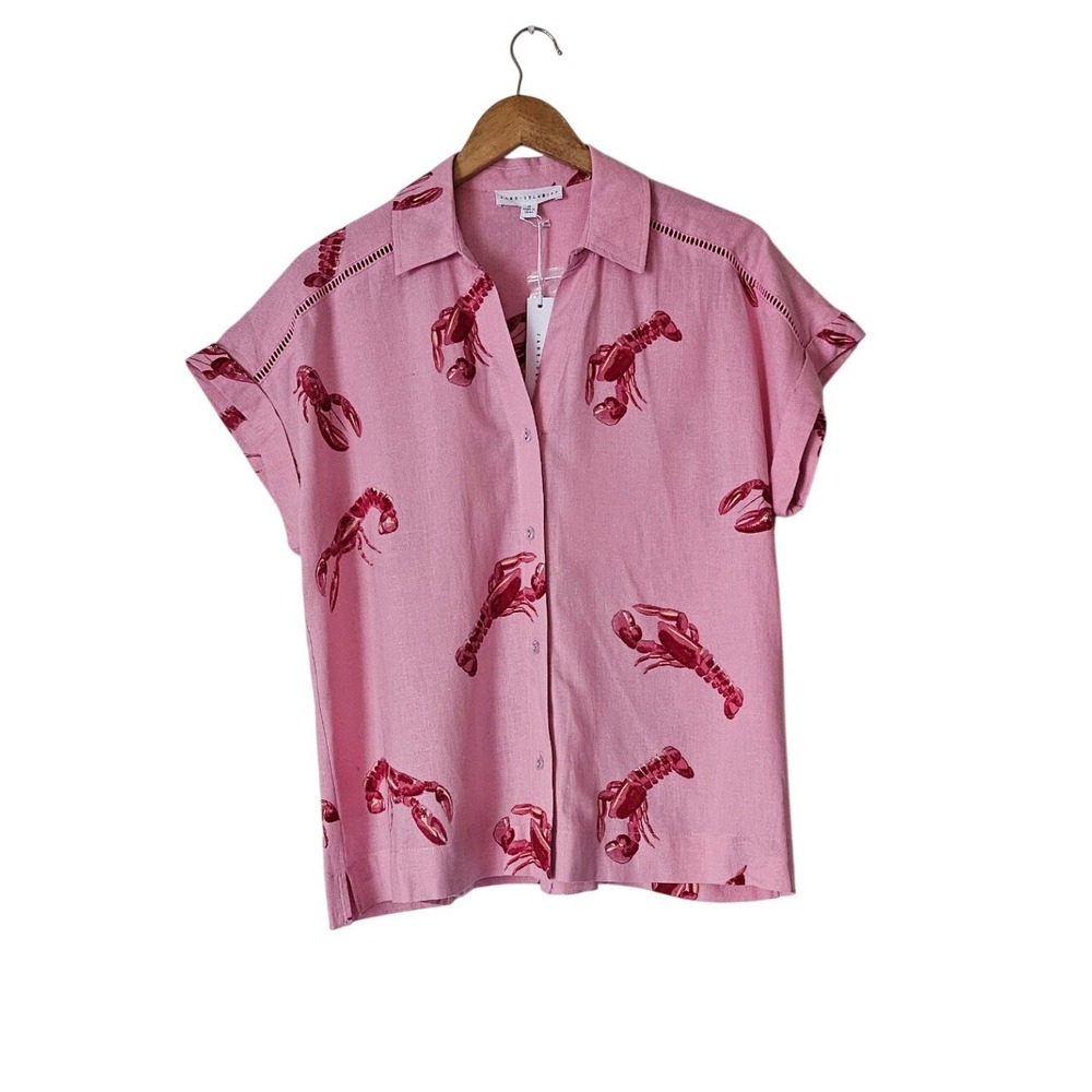 Jane + Delancey Linen Blend Pink Lobster Print Button Down Shirt M NWT Coastal
